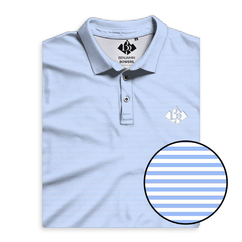 Striped Performance Polo Blue with wrinkle-resistant collar and moisture-wicking fabric.