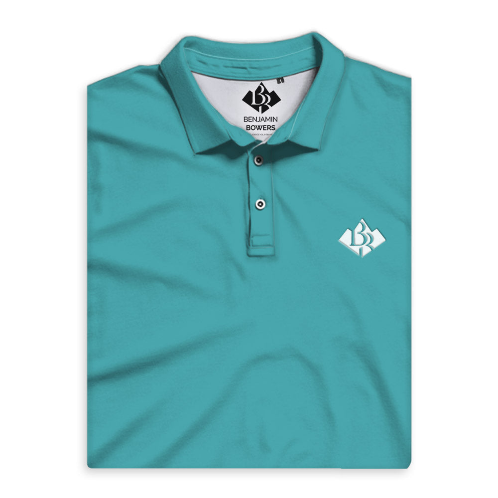 Teal Solid Performance Polo with custom logo and wrinkle-resistant collar.