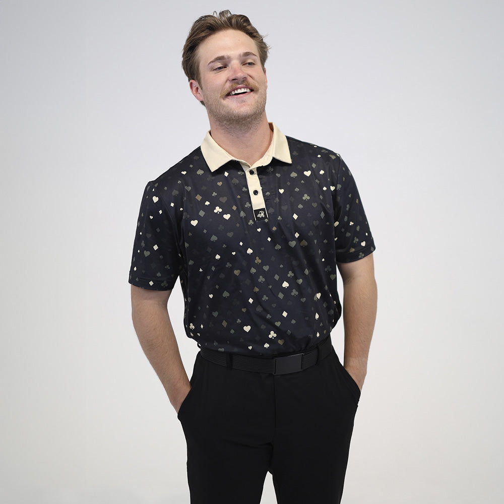 Dealer's Performance Polo,The Dealer's custom graphic golf polo is Designed to stick out from the crowd. For those feeling lucky ... This polo blends comfort with performance while focusing o